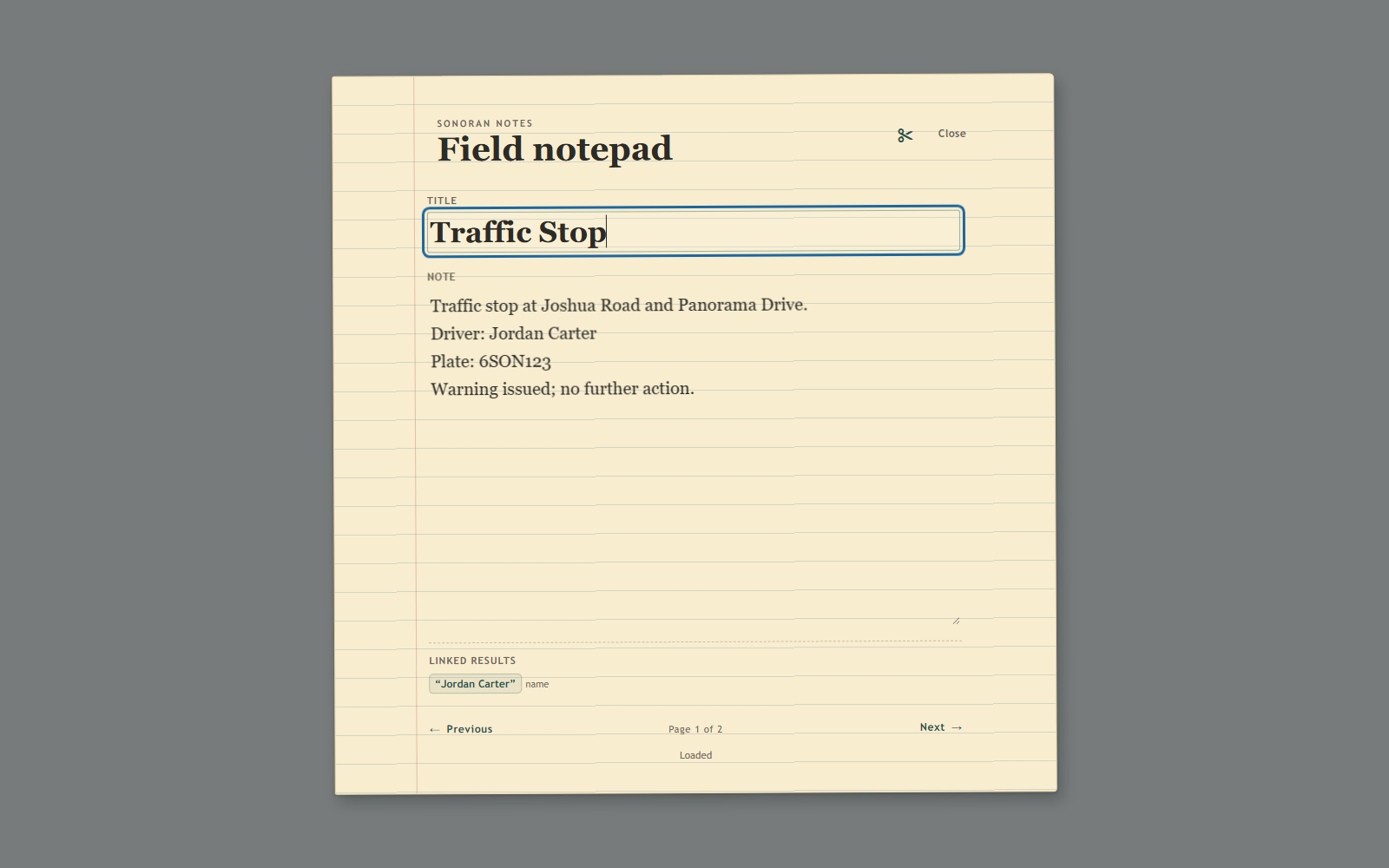 Sonoran Notepad showing a traffic-stop note, page controls, tear control, and a linked CAD result