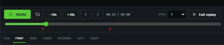 Dashcam replay timeline with event markers and six view controls