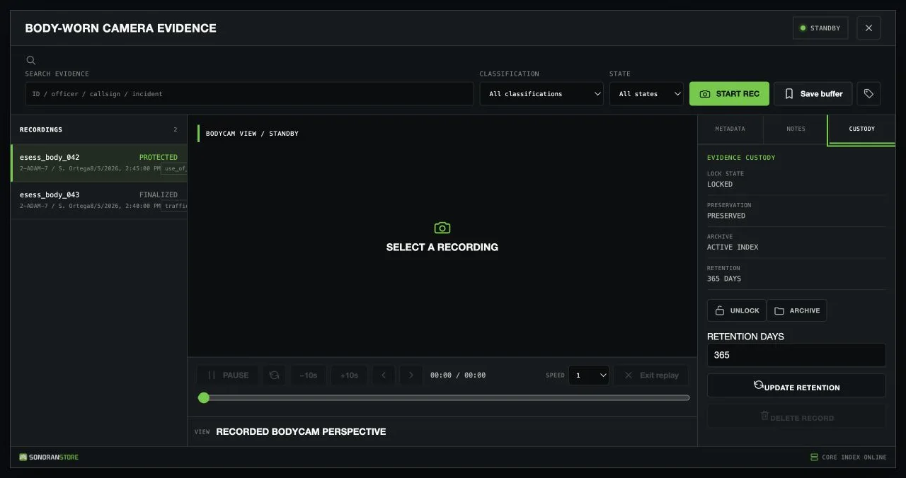 Bodycam evidence custody controls for locking, archiving, retention, and deletion