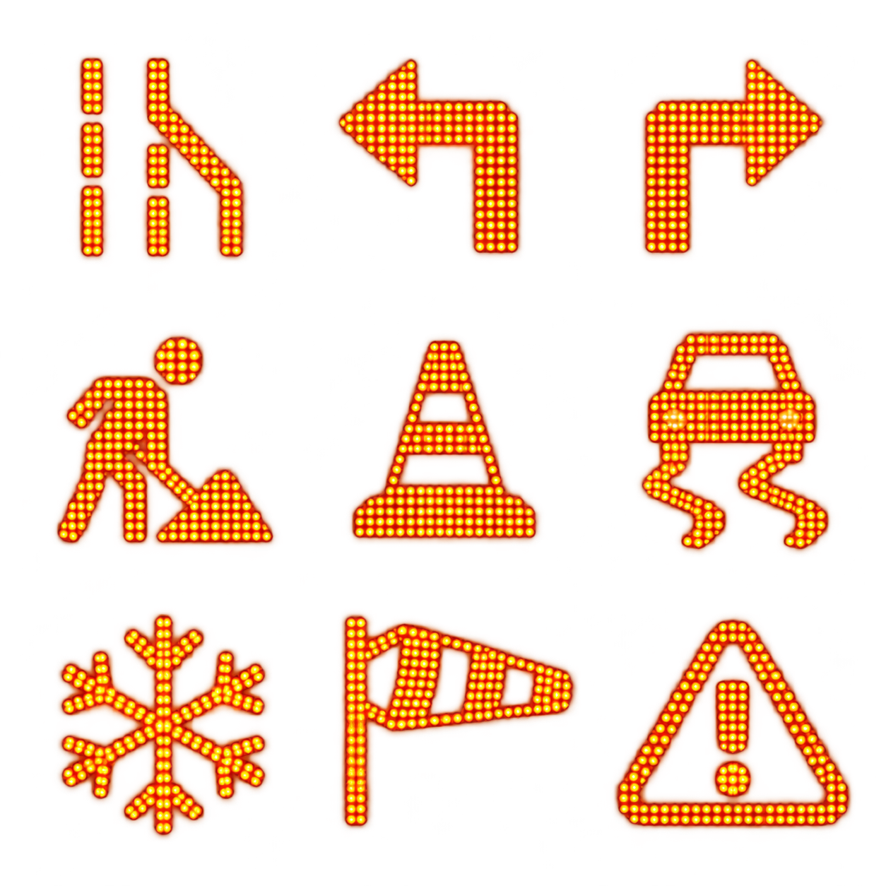 Nine amber LED-style US variable message sign icon concepts