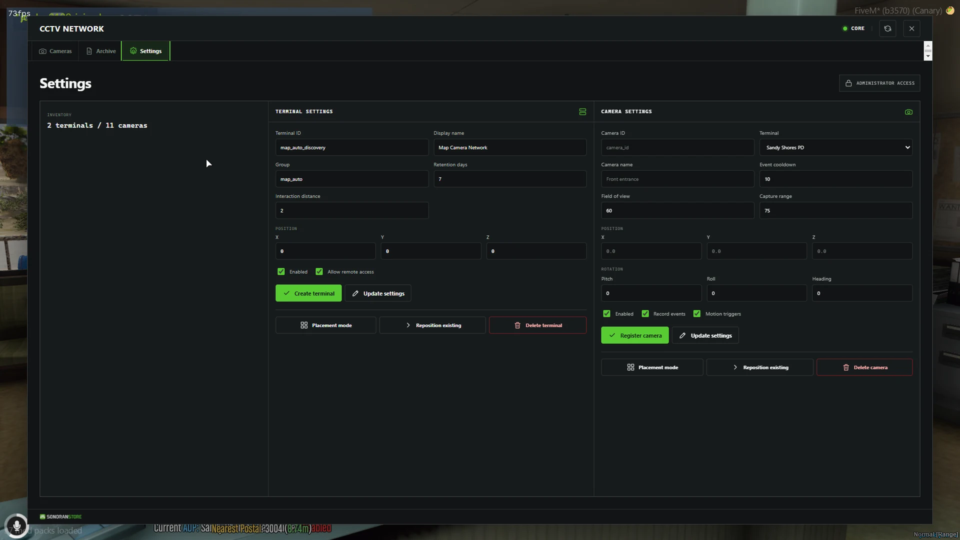CCTV terminal and camera settings screen