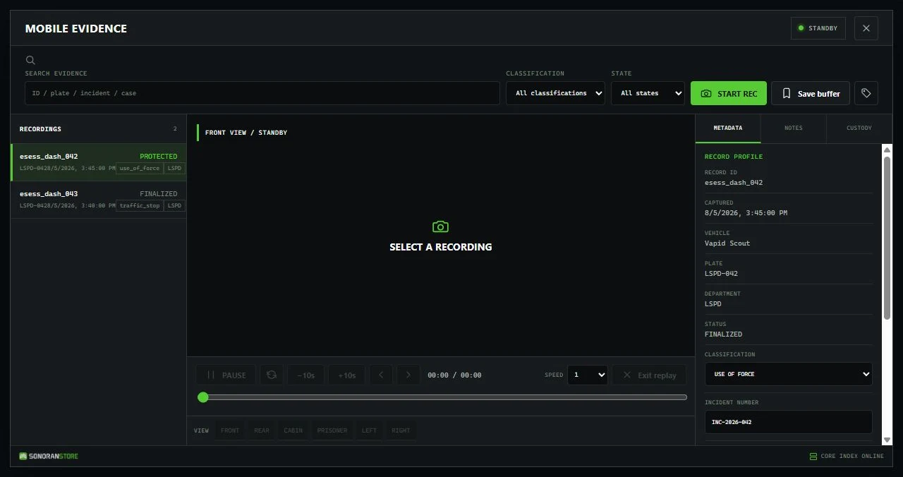 Dashcam Mobile Evidence terminal showing recordings, search, filters, and evidence details