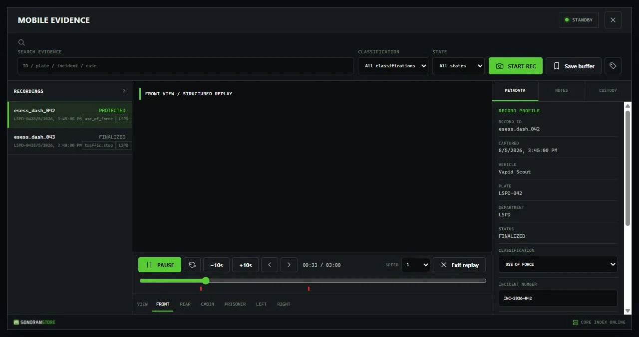 Dashcam Mobile Evidence terminal with an active structured replay