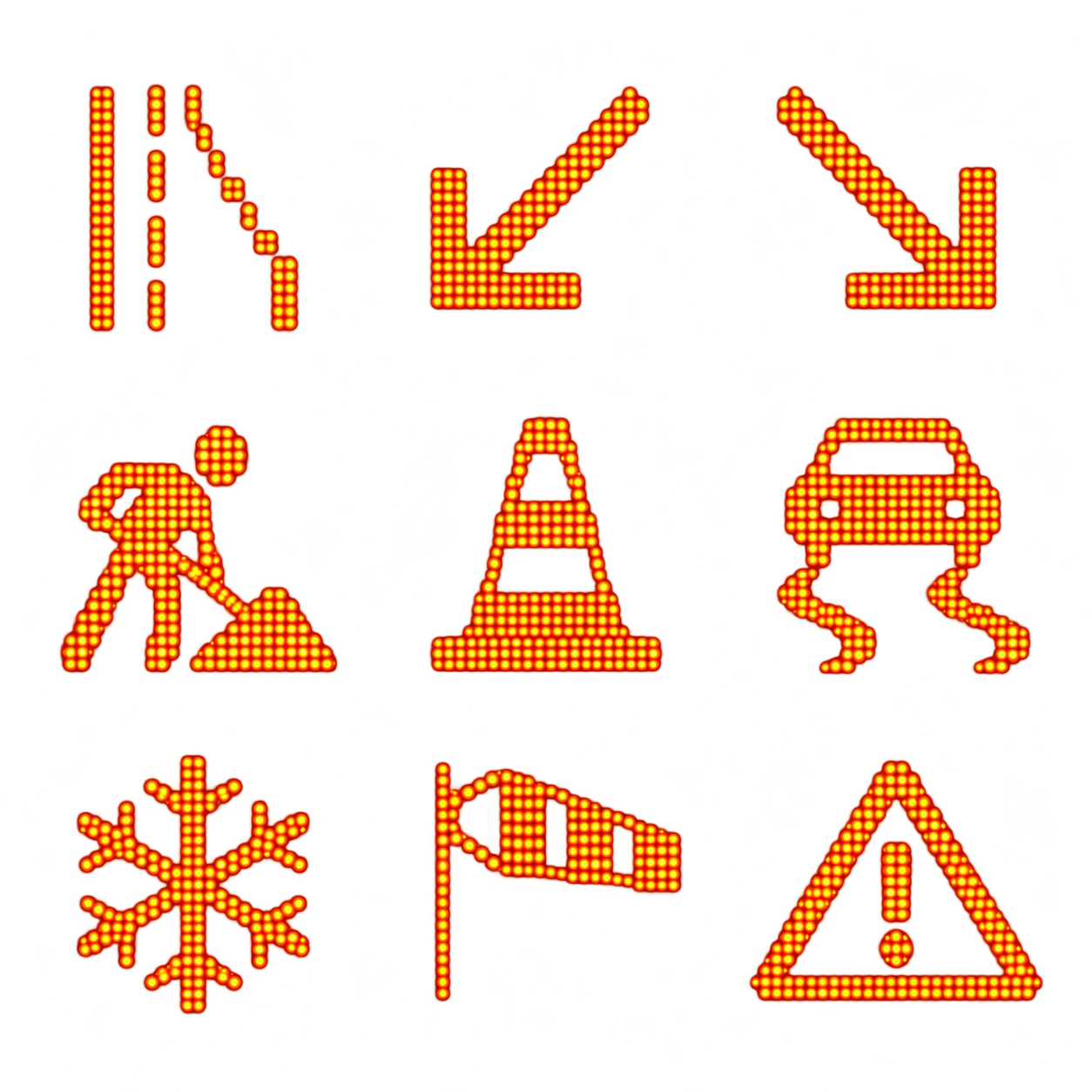 Nine amber LED-style UK variable message sign icon concepts