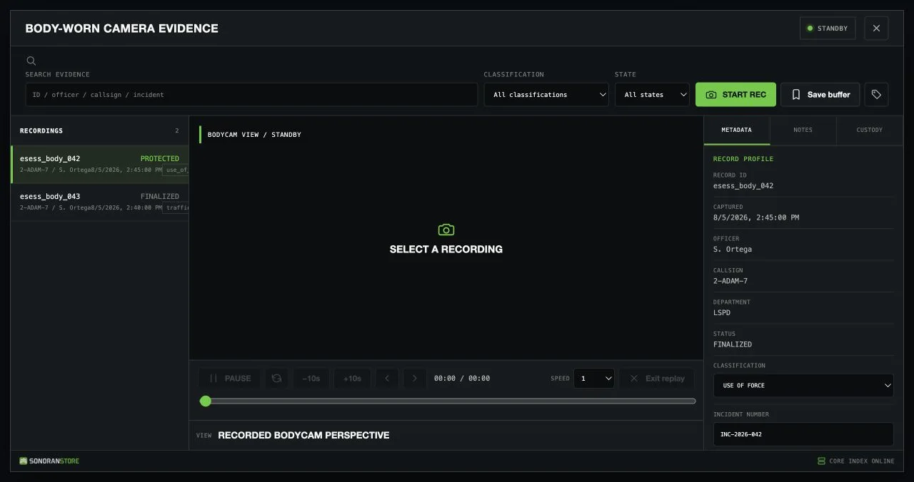 Bodycam evidence terminal with a selected use-of-force recording